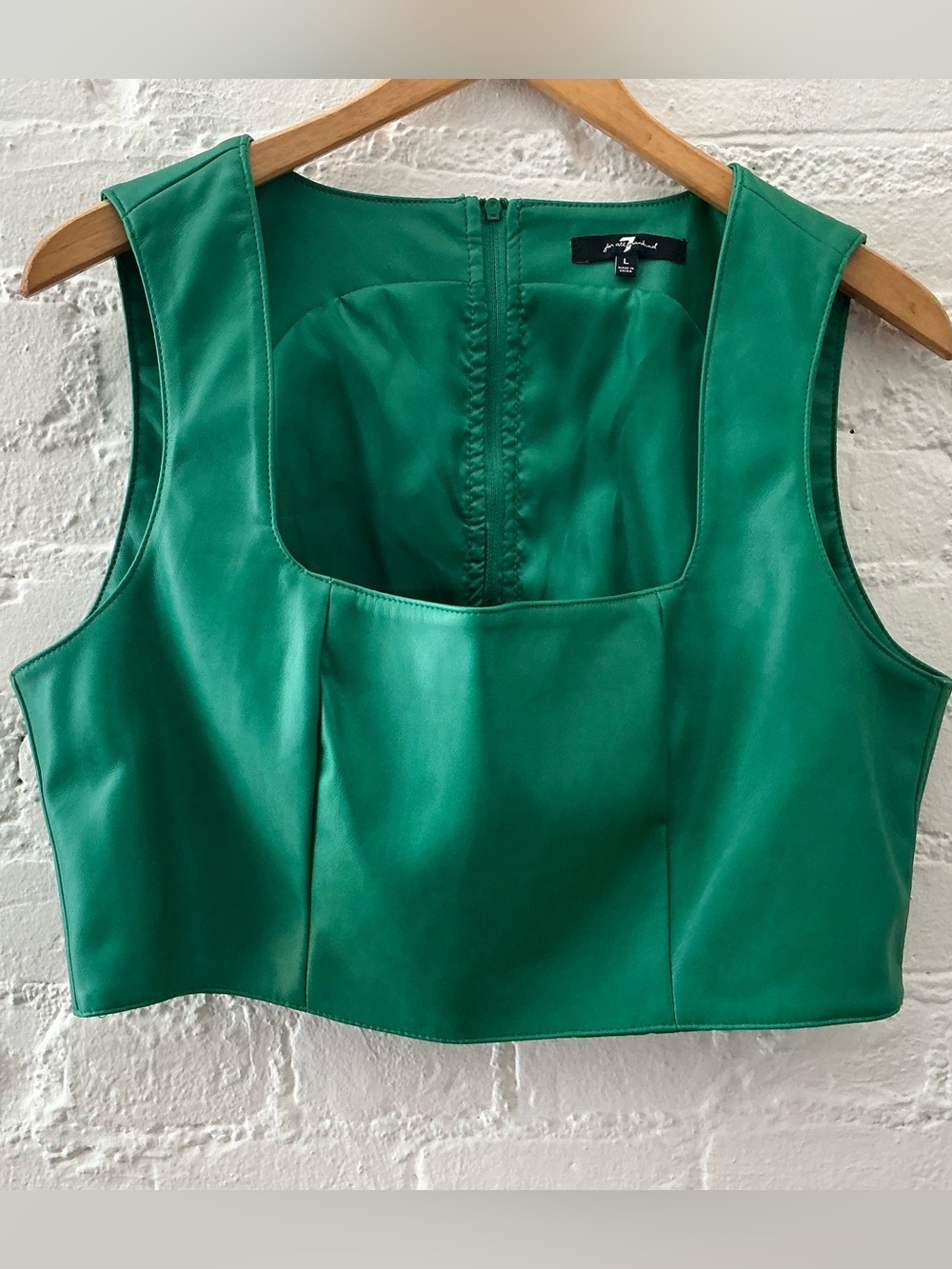 7 For All Mankind Cropped Top Green Faux Leather Square Neck Corset  Glam Chic L